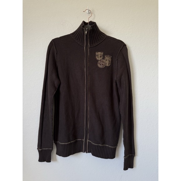 Guess Brown Y2K Cardigan Jacket Mens Small Zip Up High Neck Knit Cotton Patch - Picture 1 of 9